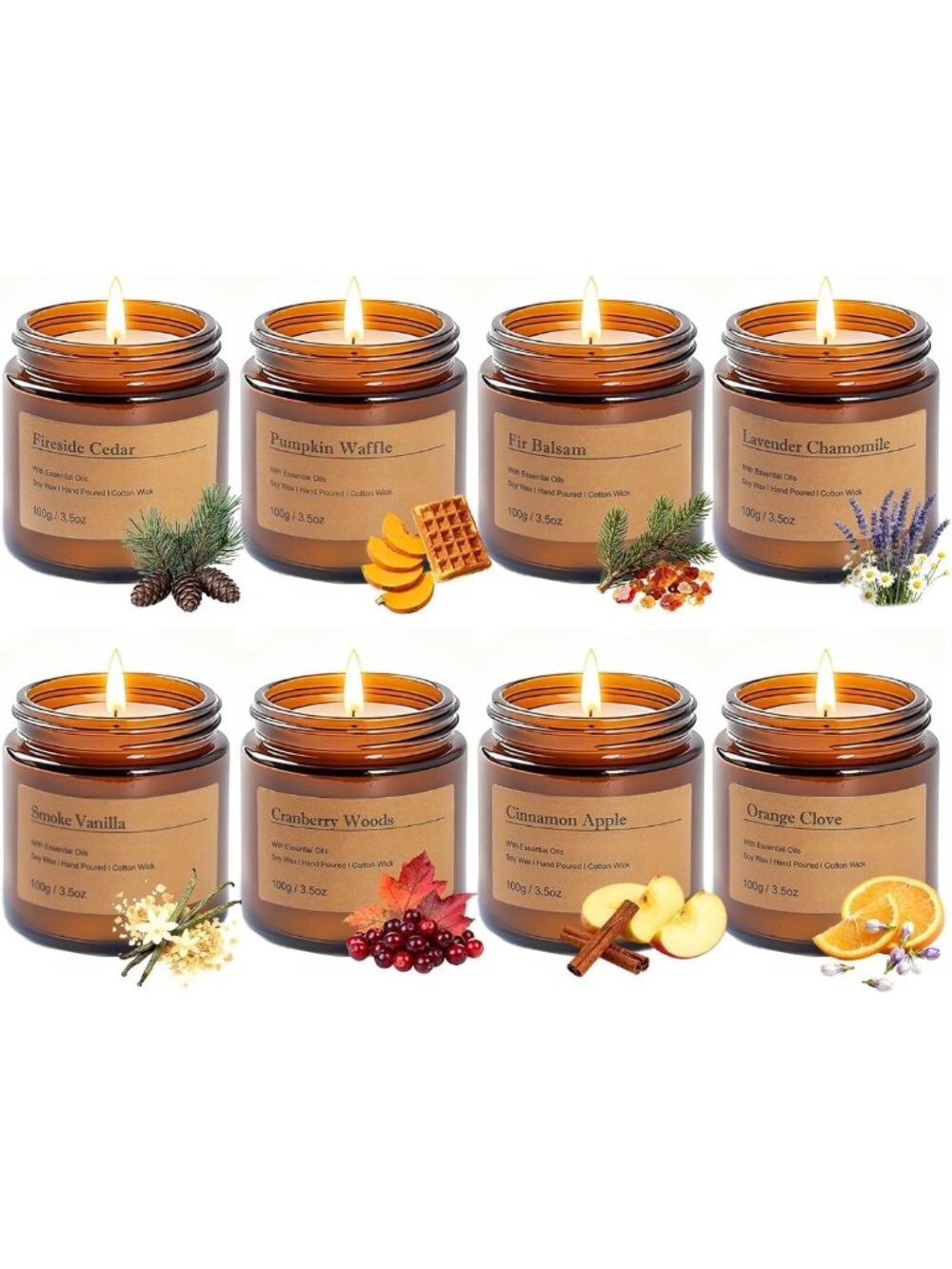 Vintage Amber Glass Jar Candle Gift Set – 8 Pack, Aromatic Scents for Home Decor